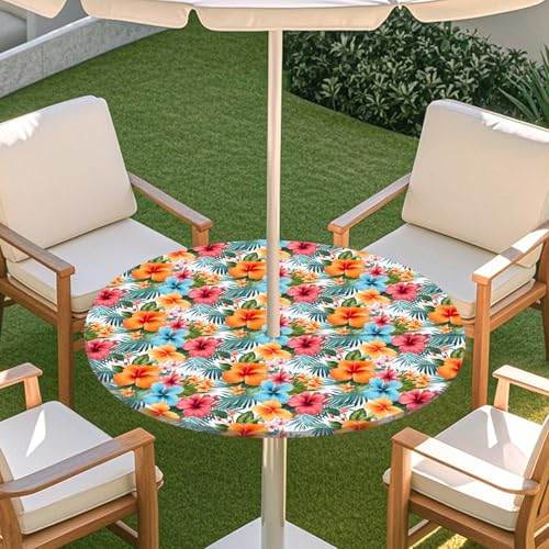 ENEN 3D Elastische Runde Tischdecke mit Schirmloch und Reißverschluss, Wasserdicht Outdoor Taillierte Runde Tischdecke, Wetterfest Gartentischdecke für Sonnenschirm (Orange Blumen,M: 91-112cm) von ENEN