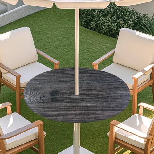 ENEN 3D Elastische Runde Tischdecke mit Schirmloch und Reißverschluss, Wasserdicht Outdoor Taillierte Runde Tischdecke, Wetterfest Gartentischdecke für Sonnenschirm (Plank 11,M: 91-112cm) von ENEN