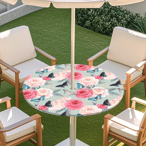 ENEN 3D Elastische Runde Tischdecke mit Schirmloch und Reißverschluss, Wasserdicht Outdoor Taillierte Runde Tischdecke, Wetterfest Gartentischdecke für Sonnenschirm (Rosen,L: 114-137cm) von ENEN
