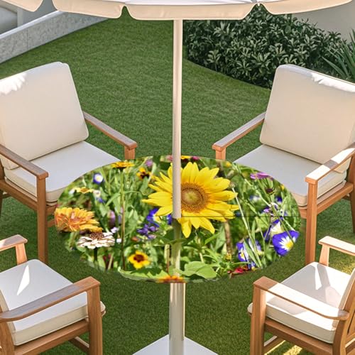 ENEN 3D Elastische Runde Tischdecke mit Schirmloch und Reißverschluss, Wasserdicht Outdoor Taillierte Runde Tischdecke, Wetterfest Gartentischdecke für Sonnenschirm (Sonnenblume 2,L: 114-137cm) von ENEN