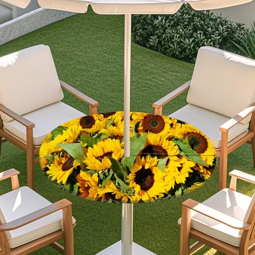ENEN 3D Elastische Runde Tischdecke mit Schirmloch und Reißverschluss, Wasserdicht Outdoor Taillierte Runde Tischdecke, Wetterfest Gartentischdecke für Sonnenschirm (Sonnenblume 2,M: 91-112cm) von ENEN