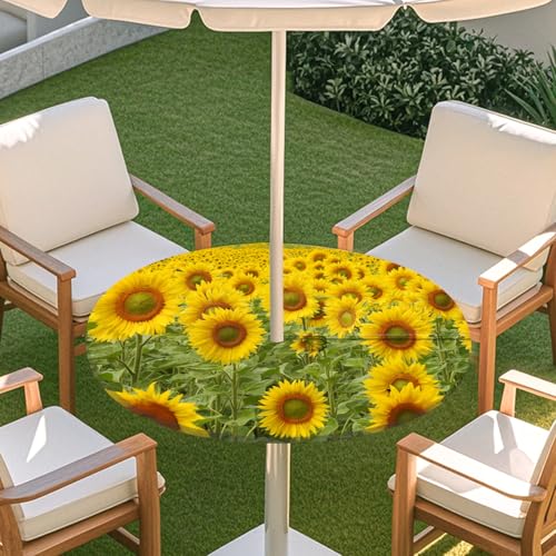 ENEN 3D Elastische Runde Tischdecke mit Schirmloch und Reißverschluss, Wasserdicht Outdoor Taillierte Runde Tischdecke, Wetterfest Gartentischdecke für Sonnenschirm (Sonnenblume 3,S: 79-89cm) von ENEN