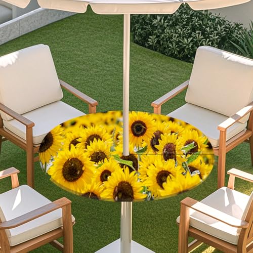 ENEN 3D Elastische Runde Tischdecke mit Schirmloch und Reißverschluss, Wasserdicht Outdoor Taillierte Runde Tischdecke, Wetterfest Gartentischdecke für Sonnenschirm (Sonnenblume 4,S: 79-89cm) von ENEN