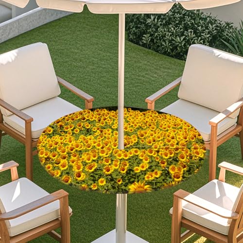 ENEN 3D Elastische Runde Tischdecke mit Schirmloch und Reißverschluss, Wasserdicht Outdoor Taillierte Runde Tischdecke, Wetterfest Gartentischdecke für Sonnenschirm (Sonnenblume 5,L: 114-137cm) von ENEN