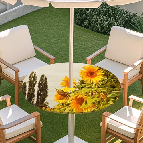 ENEN 3D Elastische Runde Tischdecke mit Schirmloch und Reißverschluss, Wasserdicht Outdoor Taillierte Runde Tischdecke, Wetterfest Gartentischdecke für Sonnenschirm (Sonnenblume 6,S: 79-89cm) von ENEN