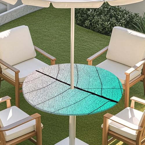 ENEN Elastische Runde Tischdecke mit Schirmloch und Reißverschluss, 3D-Blattstiel Wasserdicht Taillierte Tischdecke, Outdoor Gartentischdecke für Sonnenschirm (Aquagrün 0,L:45''-54'') von ENEN