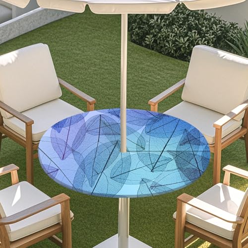 ENEN Elastische Runde Tischdecke mit Schirmloch und Reißverschluss, 3D-Blattstiel Wasserdicht Taillierte Tischdecke, Outdoor Gartentischdecke für Sonnenschirm (Blau 0,L:45''-54'') von ENEN
