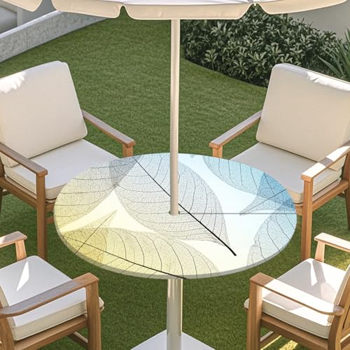 ENEN Elastische Runde Tischdecke mit Schirmloch und Reißverschluss, 3D-Blattstiel Wasserdicht Taillierte Tischdecke, Outdoor Gartentischdecke für Sonnenschirm (Blau Gelb 0,M:36''-44'') von ENEN
