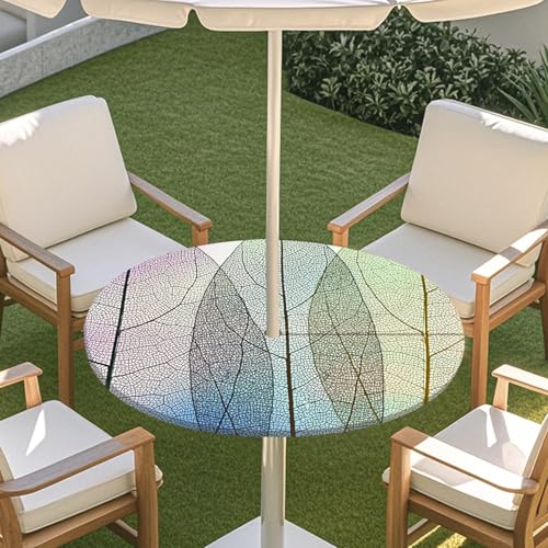 ENEN Elastische Runde Tischdecke mit Schirmloch und Reißverschluss, 3D-Blattstiel Wasserdicht Taillierte Tischdecke, Outdoor Gartentischdecke für Sonnenschirm (Blau Gold 0,L:45''-54'') von ENEN
