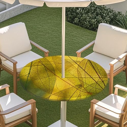 ENEN Elastische Runde Tischdecke mit Schirmloch und Reißverschluss, 3D-Blattstiel Wasserdicht Taillierte Tischdecke, Outdoor Gartentischdecke für Sonnenschirm (Dunkelgold 0,L:45''-54'') von ENEN