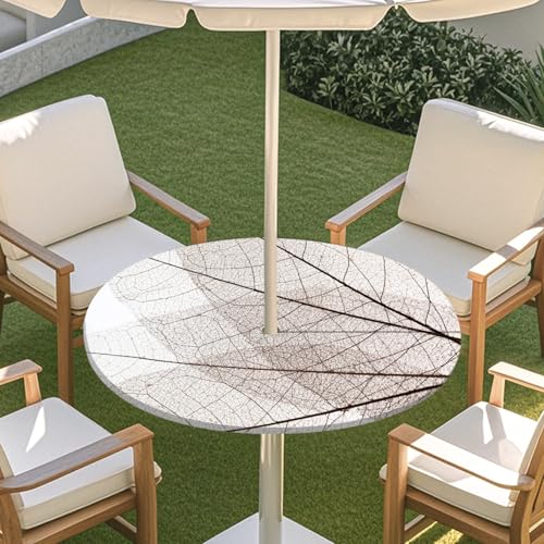 ENEN Elastische Runde Tischdecke mit Schirmloch und Reißverschluss, 3D-Blattstiel Wasserdicht Taillierte Tischdecke, Outdoor Gartentischdecke für Sonnenschirm (Khaki 0,M:36''-44'') von ENEN