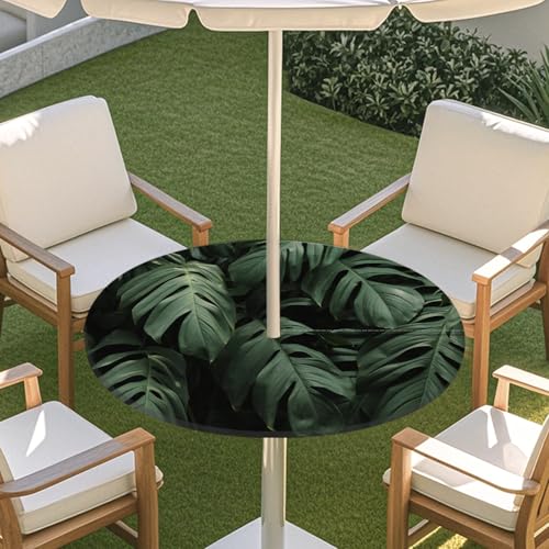 ENEN Elastische Runde Tischdecke mit Schirmloch und Reißverschluss, 3D-Blume Wasserdicht Taillierte Tischdecke, Outdoor Gartentischdecke für Sonnenschirm (Dunkelgrün,M:36''-44'') von ENEN