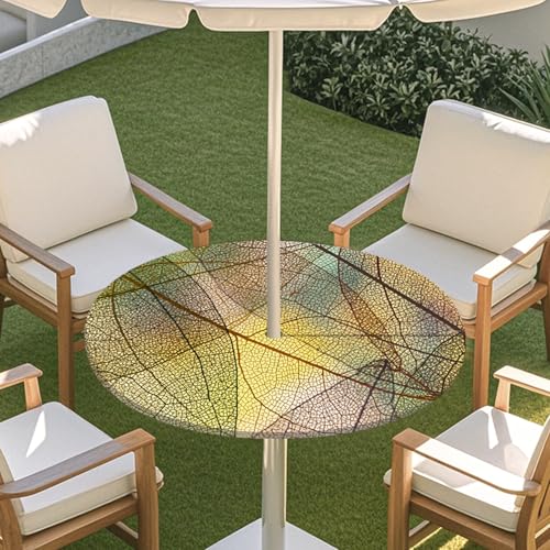 ENEN Elastische Runde Tischdecke mit Schirmloch und Reißverschluss, 3D-Blume Wasserdicht Taillierte Tischdecke, Outdoor Gartentischdecke für Sonnenschirm (Gold 1,L:45''-54'') von ENEN