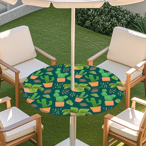 ENEN Elastische Runde Tischdecke mit Schirmloch und Reißverschluss, Tischdecke Outdoor Wetterfest Abwaschbar, 3D Gartentischdecke Wetterfest für Sonnenschirm (Bonsai-Kaktus,L) von ENEN