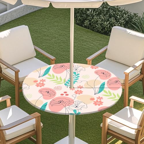 ENEN Elastische Runde Tischdecke mit Schirmloch und Reißverschluss, Tischdecke Outdoor Wetterfest Abwaschbar, 3D Gartentischdecke Wetterfest für Sonnenschirm (Cartoon-Lotus,M) von ENEN