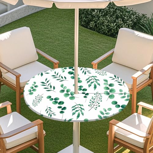 ENEN Elastische Runde Tischdecke mit Schirmloch und Reißverschluss, Tischdecke Outdoor Wetterfest Abwaschbar, 3D Gartentischdecke Wetterfest für Sonnenschirm (Eukalyptus,M) von ENEN