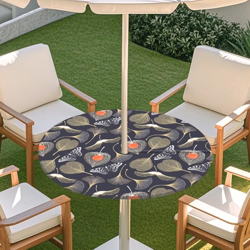 ENEN Elastische Runde Tischdecke mit Schirmloch und Reißverschluss, Tischdecke Outdoor Wetterfest Abwaschbar, 3D Gartentischdecke Wetterfest für Sonnenschirm (Ginkgo,M:91-112cm) von ENEN