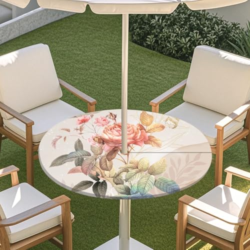 ENEN Elastische Runde Tischdecke mit Schirmloch und Reißverschluss, Tischdecke Outdoor Wetterfest Abwaschbar, 3D Gartentischdecke Wetterfest für Sonnenschirm (Pfingstrose,M:91-112cm) von ENEN