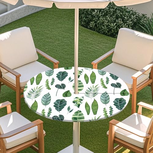 ENEN Elastische Runde Tischdecke mit Schirmloch und Reißverschluss, Tischdecke Outdoor Wetterfest Abwaschbar, 3D Gartentischdecke Wetterfest für Sonnenschirm (Tropenblatt 2,L) von ENEN