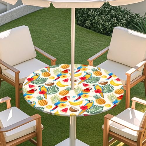 ENEN Elastische Runde Tischdecke mit Schirmloch und Reißverschluss, Tischdecke Outdoor Wetterfest Abwaschbar, 3D Gartentischdecke Wetterfest für Sonnenschirm (Tropische früchte,M:91-112cm) von ENEN