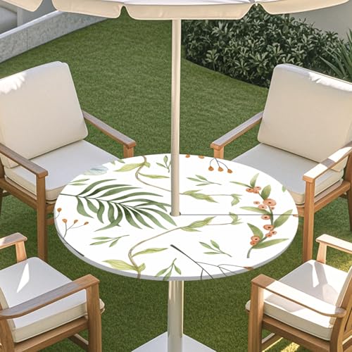 ENEN Elastische Runde Tischdecke mit Schirmloch und Reißverschluss, Tischdecke Outdoor Wetterfest Abwaschbar, 3D Gartentischdecke Wetterfest für Sonnenschirm (beerenblüte,L) von ENEN