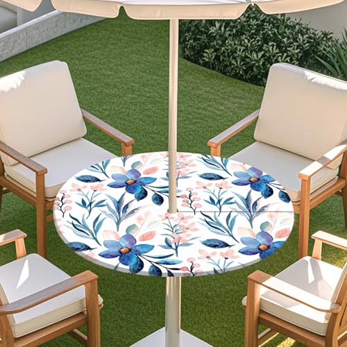 ENEN Elastische Runde Tischdecke mit Schirmloch und Reißverschluss, Tischdecke Outdoor Wetterfest Abwaschbar, 3D Gartentischdecke Wetterfest für Sonnenschirm (blau-violett,M) von ENEN