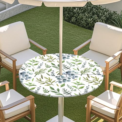 ENEN Elastische Runde Tischdecke mit Schirmloch und Reißverschluss, Tischdecke Outdoor Wetterfest Abwaschbar, 3D Gartentischdecke Wetterfest für Sonnenschirm (eukalyptus grau,M) von ENEN