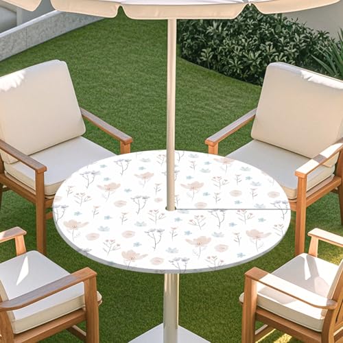 ENEN Elastische Runde Tischdecke mit Schirmloch und Reißverschluss, Tischdecke Outdoor Wetterfest Abwaschbar, 3D Gartentischdecke Wetterfest für Sonnenschirm (grau-rosa,L) von ENEN