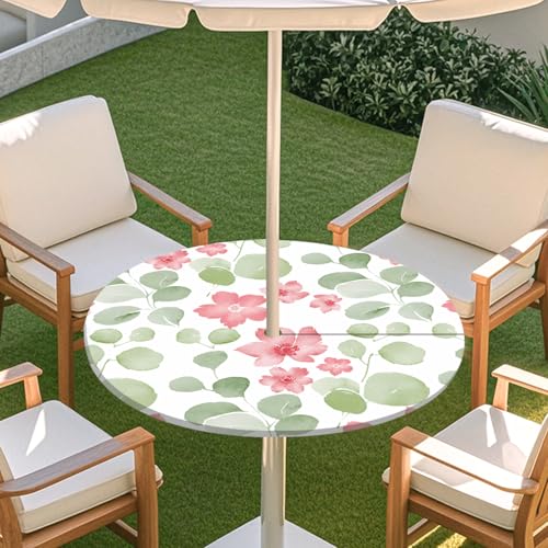 ENEN Elastische Runde Tischdecke mit Schirmloch und Reißverschluss, Tischdecke Outdoor Wetterfest Abwaschbar, 3D Gartentischdecke Wetterfest für Sonnenschirm (kirschblüte,L) von ENEN