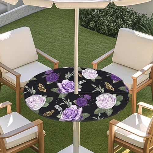 ENEN Elastische Runde Tischdecke mit Schirmloch und Reißverschluss, Tischdecke Outdoor Wetterfest Abwaschbar, 3D Gartentischdecke Wetterfest für Sonnenschirm (lila Rosen,M:91-112cm) von ENEN