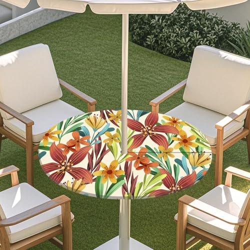 ENEN Elastische Runde Tischdecke mit Schirmloch und Reißverschluss, Tischdecke Outdoor Wetterfest Abwaschbar, 3D Gartentischdecke Wetterfest für Sonnenschirm (lilien,M) von ENEN