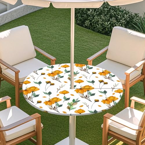 ENEN Elastische Runde Tischdecke mit Schirmloch und Reißverschluss, Tischdecke Outdoor Wetterfest Abwaschbar, 3D Gartentischdecke Wetterfest für Sonnenschirm (orangenblüte,M) von ENEN