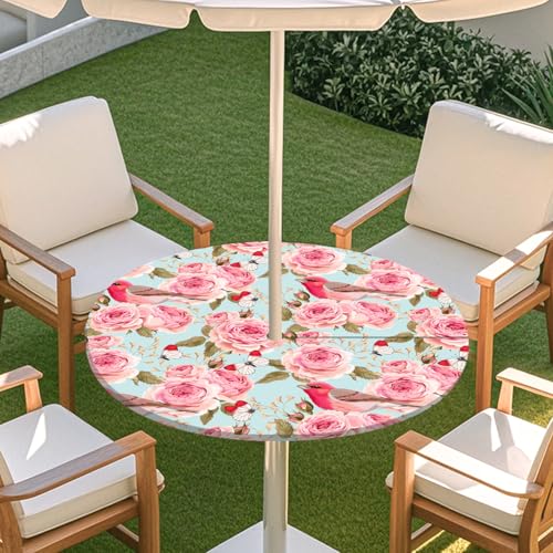 ENEN Elastische Runde Tischdecke mit Schirmloch und Reißverschluss, Tischdecke Outdoor Wetterfest Abwaschbar, 3D Gartentischdecke Wetterfest für Sonnenschirm (rosa Rosen,M:91-112cm) von ENEN