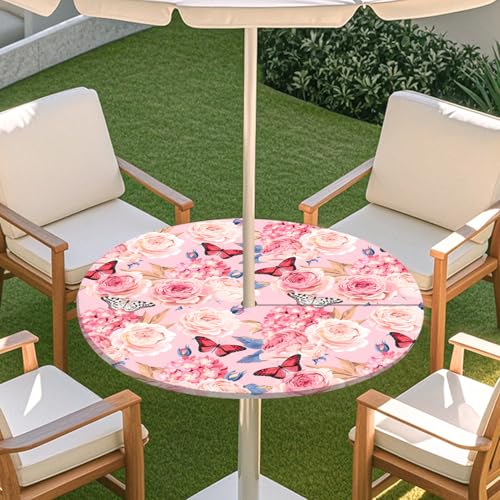 ENEN Elastische Runde Tischdecke mit Schirmloch und Reißverschluss, Tischdecke Outdoor Wetterfest Abwaschbar, 3D Gartentischdecke Wetterfest für Sonnenschirm (rosa & Schmetterling,L:114-137cm) von ENEN