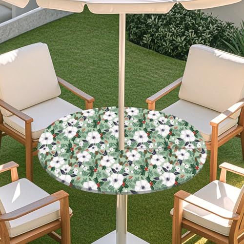 ENEN Elastische Runde Tischdecke mit Schirmloch und Reißverschluss, Tischdecke Outdoor Wetterfest Abwaschbar, 3D Gartentischdecke Wetterfest für Sonnenschirm (weiße Blumen,M:91-112cm) von ENEN