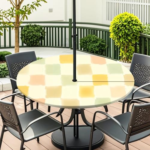 ENEN Elastische Tischdecke mit Schirmloch und Reißverschluss, Karomuster Wasserdicht Taillierte Tischdecke, Outdoor Runde Gartentischdecke für Sonnenschirm (Beige Grün 1,L:45''-54'') von ENEN