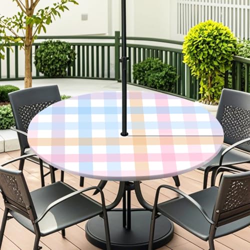 ENEN Elastische Tischdecke mit Schirmloch und Reißverschluss, Karomuster Wasserdicht Taillierte Tischdecke, Outdoor Runde Gartentischdecke für Sonnenschirm (Blau Rosa Orange,M:36''-44'') von ENEN