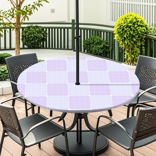 ENEN Elastische Tischdecke mit Schirmloch und Reißverschluss, Karomuster Wasserdicht Taillierte Tischdecke, Outdoor Runde Gartentischdecke für Sonnenschirm (Blau Violett 1,L:45''-54'') von ENEN