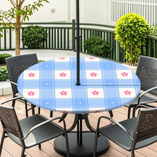 ENEN Elastische Tischdecke mit Schirmloch und Reißverschluss, Karomuster Wasserdicht Taillierte Tischdecke, Outdoor Runde Gartentischdecke für Sonnenschirm (Blau Weiß 1,L:45''-54'') von ENEN