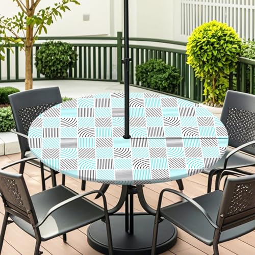 ENEN Elastische Tischdecke mit Schirmloch und Reißverschluss, Karomuster Wasserdicht Taillierte Tischdecke, Outdoor Runde Gartentischdecke für Sonnenschirm (Blaue Wellen,L:45''-54'') von ENEN