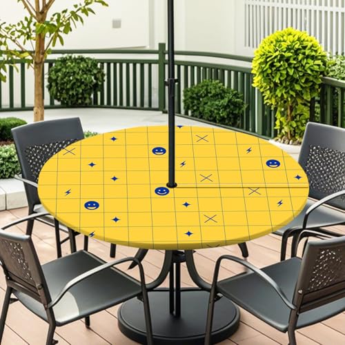 ENEN Elastische Tischdecke mit Schirmloch und Reißverschluss, Karomuster Wasserdicht Taillierte Tischdecke, Outdoor Runde Gartentischdecke für Sonnenschirm (Gelb Karomuster,S:31''-35'') von ENEN