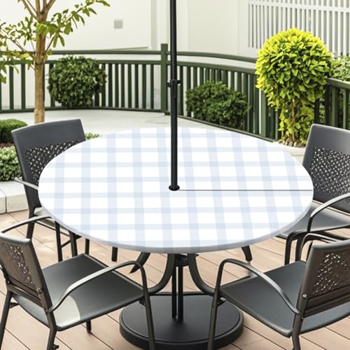 ENEN Elastische Tischdecke mit Schirmloch und Reißverschluss, Karomuster Wasserdicht Taillierte Tischdecke, Outdoor Runde Gartentischdecke für Sonnenschirm (Grau Blau,L:45''-54'') von ENEN