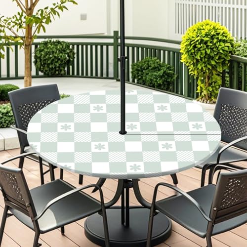 ENEN Elastische Tischdecke mit Schirmloch und Reißverschluss, Karomuster Wasserdicht Taillierte Tischdecke, Outdoor Runde Gartentischdecke für Sonnenschirm (Grau Grün 1,L:45''-54'') von ENEN