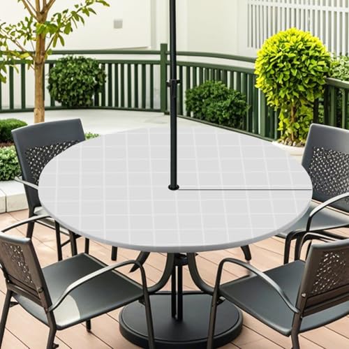 ENEN Elastische Tischdecke mit Schirmloch und Reißverschluss, Karomuster Wasserdicht Taillierte Tischdecke, Outdoor Runde Gartentischdecke für Sonnenschirm (Grau Karomuster,L:45''-54'') von ENEN