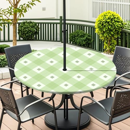 ENEN Elastische Tischdecke mit Schirmloch und Reißverschluss, Karomuster Wasserdicht Taillierte Tischdecke, Outdoor Runde Gartentischdecke für Sonnenschirm (Grün,L:45''-54'') von ENEN
