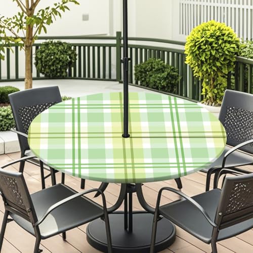 ENEN Elastische Tischdecke mit Schirmloch und Reißverschluss, Karomuster Wasserdicht Taillierte Tischdecke, Outdoor Runde Gartentischdecke für Sonnenschirm (Grün 1,S:31''-35'') von ENEN