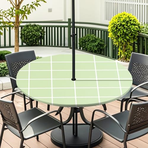 ENEN Elastische Tischdecke mit Schirmloch und Reißverschluss, Karomuster Wasserdicht Taillierte Tischdecke, Outdoor Runde Gartentischdecke für Sonnenschirm (Grün 2,M:36''-44'') von ENEN