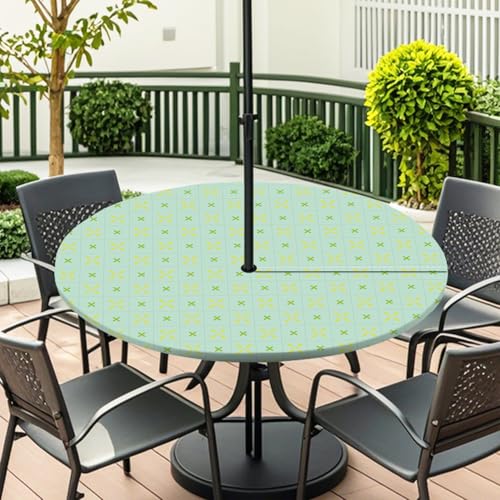 ENEN Elastische Tischdecke mit Schirmloch und Reißverschluss, Karomuster Wasserdicht Taillierte Tischdecke, Outdoor Runde Gartentischdecke für Sonnenschirm (Grün Blatt,L:45''-54'') von ENEN