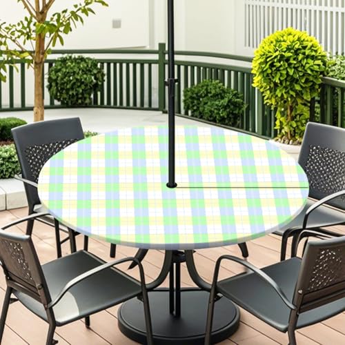 ENEN Elastische Tischdecke mit Schirmloch und Reißverschluss, Karomuster Wasserdicht Taillierte Tischdecke, Outdoor Runde Gartentischdecke für Sonnenschirm (Grün Khaki,L:45''-54'') von ENEN