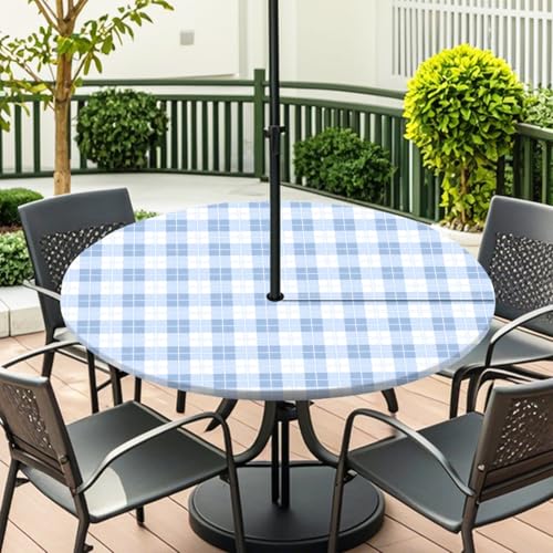 ENEN Elastische Tischdecke mit Schirmloch und Reißverschluss, Karomuster Wasserdicht Taillierte Tischdecke, Outdoor Runde Gartentischdecke für Sonnenschirm (Hellblau,L:45''-54'') von ENEN